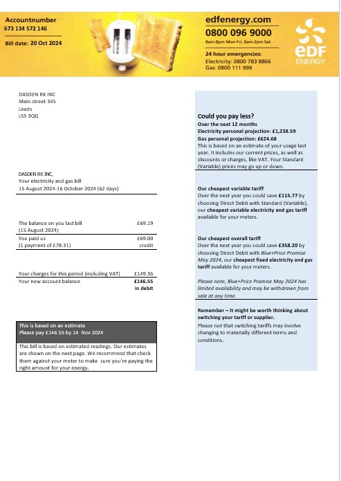 United Kingdom EDF Energy electricity and gas business utility bill Word and PDF formats, version 2